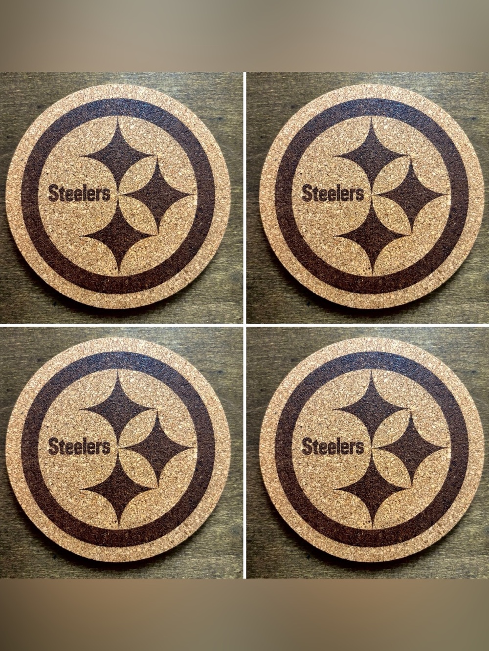 Pittsburgh Steelers Logo Laser Engraved Cork Coasters Lot of 4